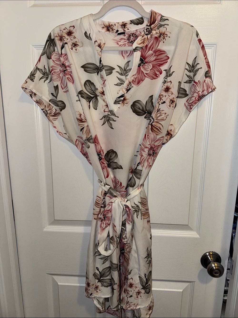 Floral Tie-Waist Dress- Cream with Pink Floral